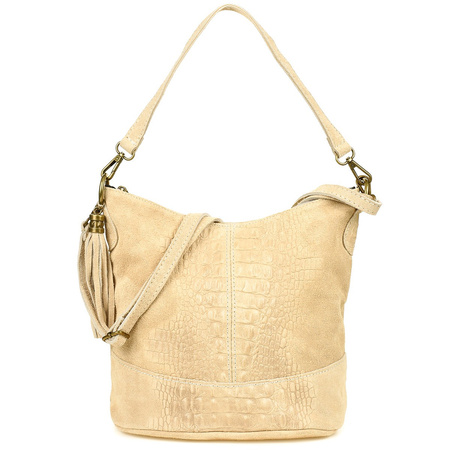 Torebka Skórzana Zamszowa Croco Listonoszka 2 Paski Beżowa Beltimore W13 : Kolory - Brązowy, Beżowy