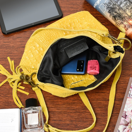 Torebka Skórzana Zamszowa Croco Listonoszka 2 Paski Żółta Beltimore W13 : Kolory - Żółty, Złoty