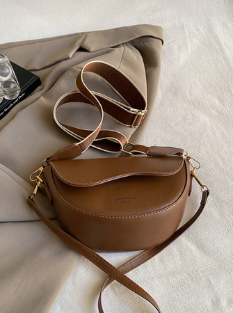 TOREBKA DAMSKA LISTONOSZKA CIEMNO BRĄZOWA SKÓRZANA NA RAMIĘ DWA PASKI D10