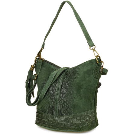 Torebka Skórzana Zamszowa Croco Listonoszka 2 Paski Ciemna Zieleń Beltimore W13 : Kolory - Zielony