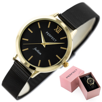 ZEGAREK DAMSKI NA CZARNYM PASKU ZŁOTA KOPERTA PERFECT F202-10 + BOX