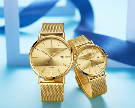 KOMPLET PREZENTOWY 2 ZEGARKÓW MĘSKI I DAMSKI ZŁOTY BRANSOLETA NAVIFORCE