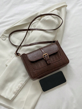 DAMSKA TOREBKA BRĄZOWA NA PASKU LISTONOSZKA CROCO NA RAMIĘ SKÓRZANA EKO D09