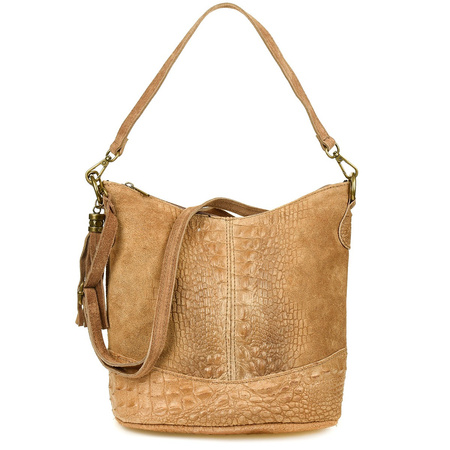 Torebka Skórzana Zamszowa Croco Listonoszka 2 Paski Taupe Beltimore W13 : Kolory - Brązowy, Beżowy