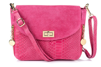 Włoska Torebka Skórzana Listonoszka Skóra Węża Fuksjowa T96 : Kolory - Różowy