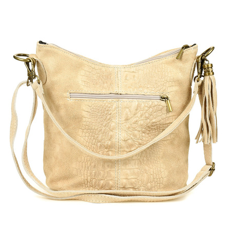 Torebka Skórzana Zamszowa Croco Listonoszka 2 Paski Beżowa Beltimore W13 : Kolory - Brązowy, Beżowy