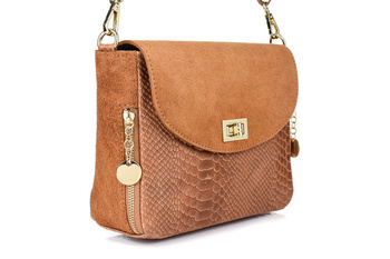 Włoska Torebka Skórzana Listonoszka Skóra Węża Camelowa T96 : Kolory - Brązowy, Beżowy
