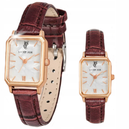 ZEGAREK DAMSKI BRĄZOWY PASEK SKÓRZANY PROSTOKĄTNA TARCZA ZŁOTY LUCKYFOX
