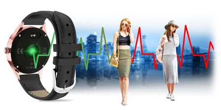 SMARTWATCH DAMSKI CZARNY PASEK SKÓRZANY KROKI POWIADOMIENIA TARCZE G.Rossi SW017-6