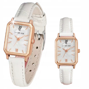 ZEGAREK DAMSKI NA BIAŁYM PASKU SKÓRZANYM PROSTOKĄTNA TARCZA MODNY LUCKYFOX