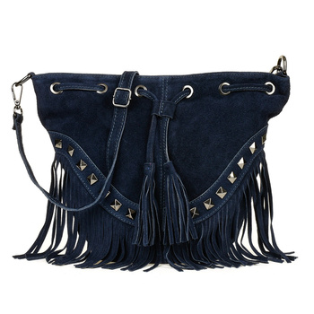 Torebka damska skórzana Granatowa Worek Skóra Zamszowa Frędzle Włoska X39