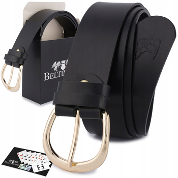 Skórzany Pasek Damski Do Spodni Sukienki Czarna Skóra Nat 4 Cm Beltimore D83 : Kolory - Czarny, Rozmiar Pasków - R.105-120 Cm