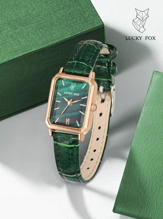DAMSKI ZEGAREK SKÓRZANY PASEK ZIELONY KWARCOWY MODNY ELEGANCKI LUCKYFOX