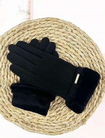 DAMSKIE RĘKAWICZKI ZIMOWE CZARNE OCIEPLANE KOŻUSZEK ELEGANCKIE DLA NIEJ