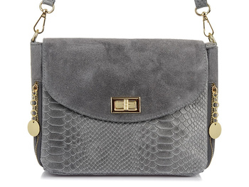 Włoska Torebka Skórzana Listonoszka Skóra Węża Szara T96 : Kolory - Szary, Srebrny