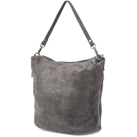 Skórzana Listonoszka Damska Zamszowa Na Ramię Włoska Torebka Vera Pelle Szara W17 : Kolory - Szary, Srebrny
