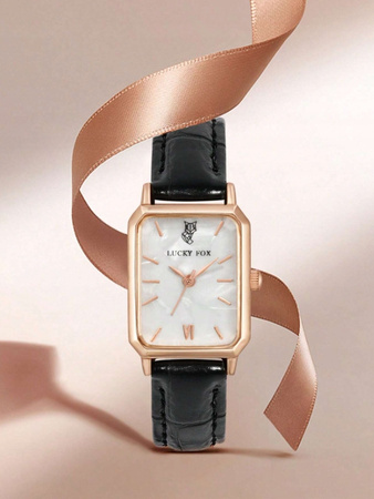 ZEGAREK DAMSKI CZARNY PASEK SKÓRZANY PROSTOKĄTNA TARCZA LUCKYFOX DLA NIEJ