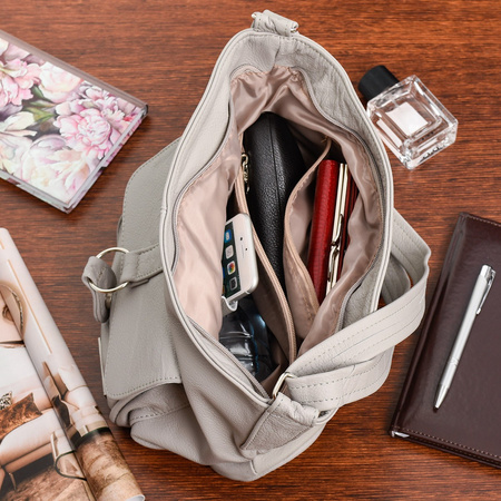 Torebka Skórzana Damska A4 Duża Polska Skóra Siwa T71 : Kolory - Szary, Srebrny