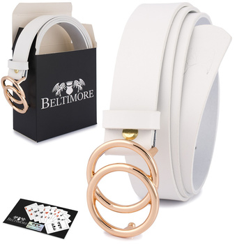 Skórzany Pasek Damski Do Spodni Sukienki Koła Klasyczny Biały Beltimore B03 : Kolory - Biały, Rozmiar Pasków - R.105-120 Cm