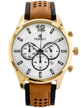 ZEGAREK MĘSKI PERFECT CH01L - CHRONOGRAF Czarno brązowy pasek skórzany + BOX