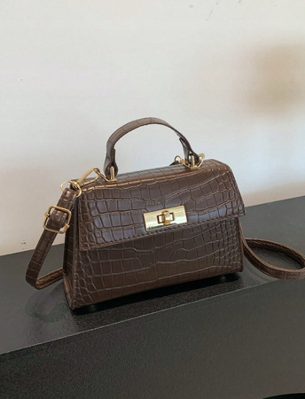 Damska torebka Listonoszka Ciemno brązowa skóra Kuferek na pasku uchwyt D11