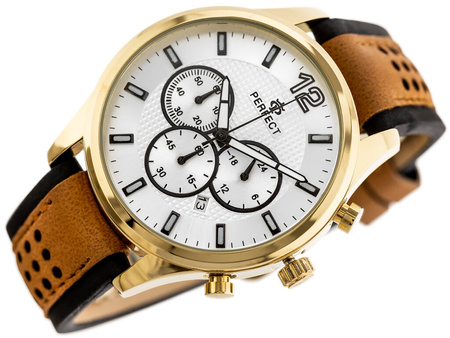 ZEGAREK MĘSKI PERFECT CH01L - CHRONOGRAF Czarno brązowy pasek skórzany + BOX