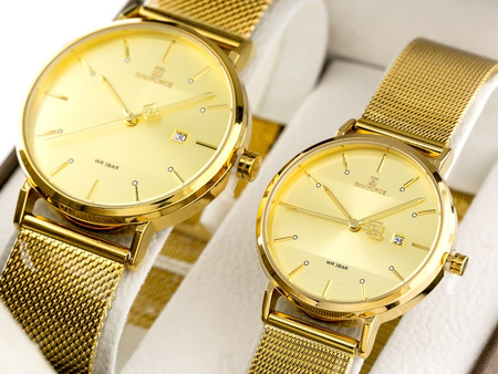 KOMPLET PREZENTOWY 2 ZEGARKÓW MĘSKI I DAMSKI ZŁOTY BRANSOLETA NAVIFORCE