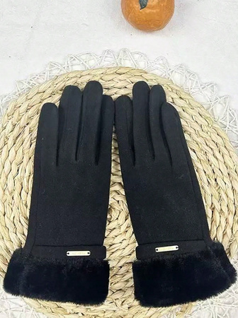 DAMSKIE RĘKAWICZKI ZIMOWE CZARNE OCIEPLANE KOŻUSZEK ELEGANCKIE DLA NIEJ