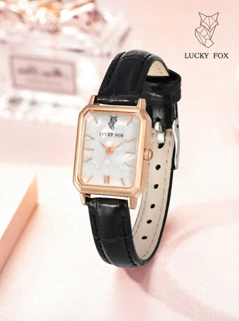 ZEGAREK DAMSKI CZARNY PASEK SKÓRZANY PROSTOKĄTNA TARCZA LUCKYFOX DLA NIEJ