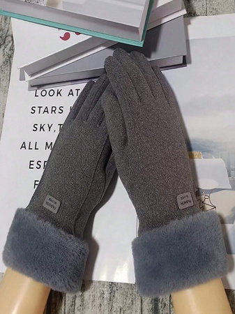 RĘKAWICZKI DAMSKIE SZARE ZIMOWE Z FUTERKIEM CIEPŁE WYGODNE DO TELEFONU