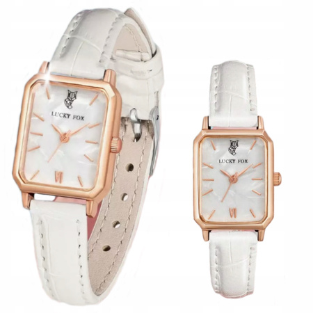 ZEGAREK DAMSKI NA BIAŁYM PASKU SKÓRZANYM PROSTOKĄTNA TARCZA MODNY LUCKYFOX