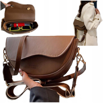 TOREBKA DAMSKA LISTONOSZKA CIEMNO BRĄZOWA SKÓRZANA NA RAMIĘ DWA PASKI D10