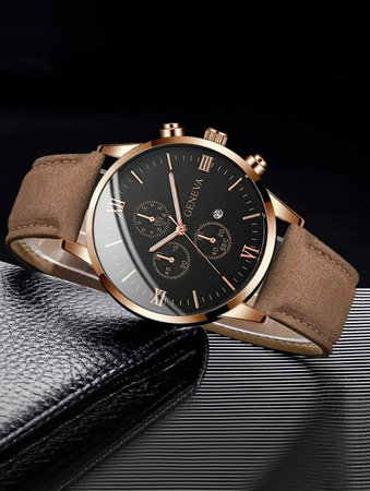 Zegarek męski Geneva brązowy pasek skórzany Datownik