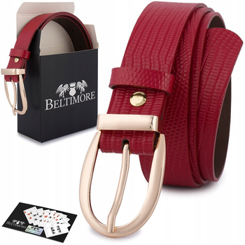 Skórzany Pasek Damski Do Spodni Sukienki Czerwony Skóra Nat 3 Cm Beltimore D93 : Kolory - Czerwony, Rozmiar Pasków - R.100-115 Cm