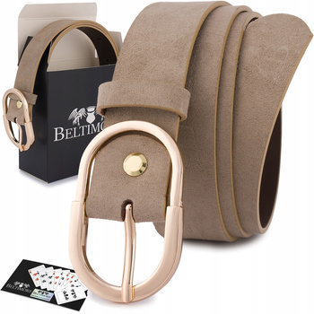 Skórzany Pasek Damski Do Spodni Sukienki Cielisty Skóra Nat. Zamszowa 3 Cm Beltimore E53 : Kolory - Ecru, Kremowy, Rozmiar Pasków - R.105-120 Cm