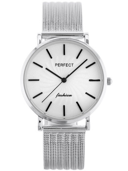 ZEGAREK DAMSKI PERFECT E334 - Srebrna bransoleta siatka Biała tarcza + BOX