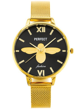 ZEGAREK DAMSKI PERFECT S638 - WAŻKA Złota bransoleta Czarna tarcza + BOX