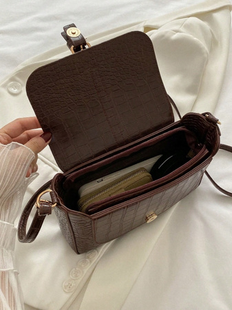 DAMSKA TOREBKA BRĄZOWA NA PASKU LISTONOSZKA CROCO NA RAMIĘ SKÓRZANA EKO D09