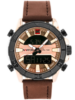 ZEGAREK MĘSKI Brązowy pasek skórzany Cyfrowy sportowy NAVIFORCE - NF9114