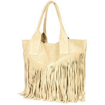 Beżowa Torebka Damska Skórzana Zamszowa A4 Frędzel Duża L83 : Kolory - Brązowy, Beżowy