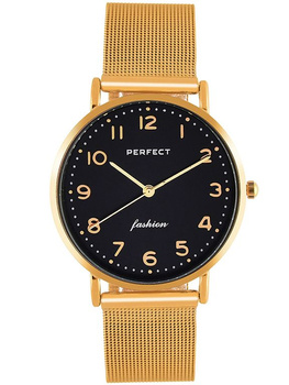 Zegarek Damski PERFECT F332-4 Złota bransoleta mesh siatkowa czarna tarcza + BOX