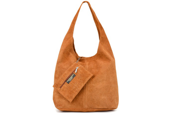 Zamszowa Torebka Skórzana Na Ramię Z Saszetką Camelowa N88 : Kolory - Brązowy, Beżowy