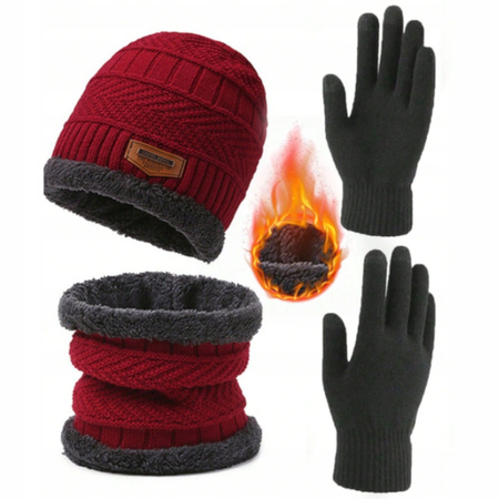 MĘSKA CZAPKA ZIMOWA KOMIN RĘKAWICZKI KOMPLET 3W1 CZERWONY PREZENT DLA NIEGO