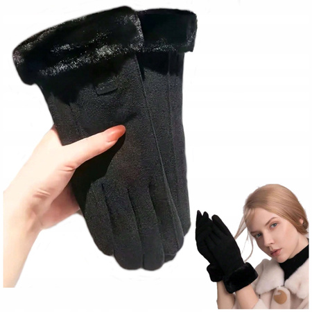 RĘKAWICZKI DAMSKIE CZARNE OCIEPLANE ZIMOWE Z FUTERKIEM DO TELEFONU MODNE