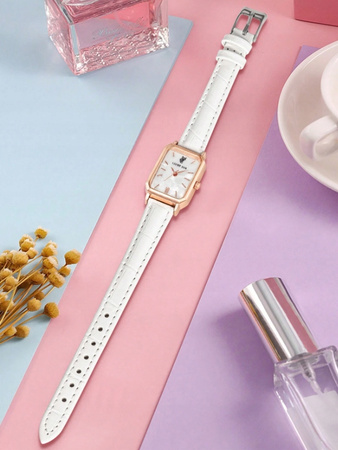 ZEGAREK DAMSKI NA BIAŁYM PASKU SKÓRZANYM PROSTOKĄTNA TARCZA MODNY LUCKYFOX