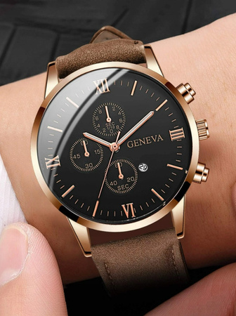 Zegarek męski Geneva brązowy pasek skórzany Datownik