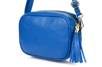 Chabrowa Mała Damska Listonoszka Z Frędzlem Przewieszka Z Włoskiej Naturalnej Skóry Licowej P14 : Kolory - Niebieski