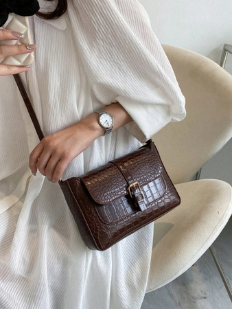 DAMSKA TOREBKA BRĄZOWA NA PASKU LISTONOSZKA CROCO NA RAMIĘ SKÓRZANA EKO D09
