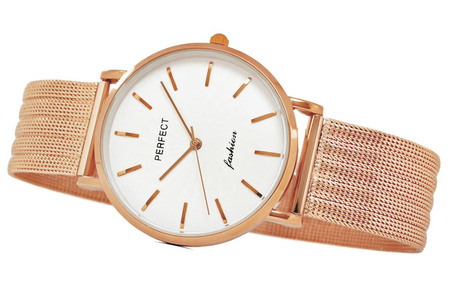 Zegarek Damski PERFECT F334-6 Bransoleta siatkowa mesh Różowe złoto Biała tarcza