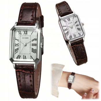 ZEGAREK DAMSKI BRĄZOWY PASEK SKÓRZANY PROSTOKĄTNA TARCZA DLA NIEJ JUSMI